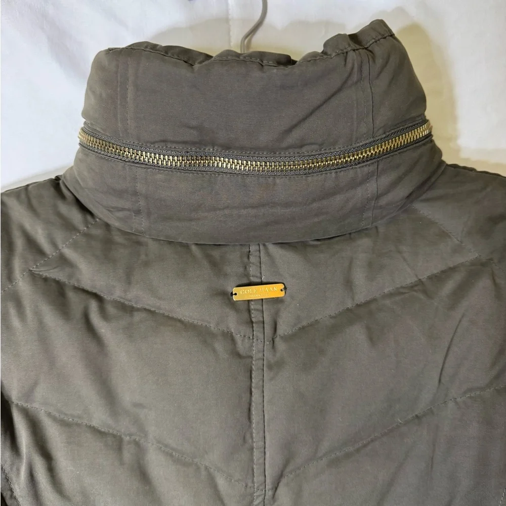 Cole Haan Signature Olive Down Puffer Jacket XS | Gold Zip Hooded‎ Quilted Coat